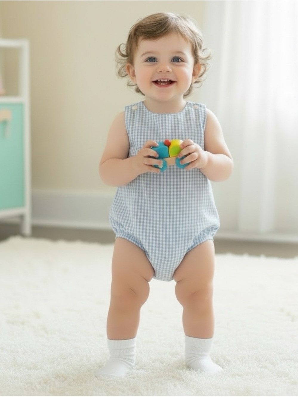 Size 2T Blue Gingham Baby One-Piece Romper by Classic Whimsy